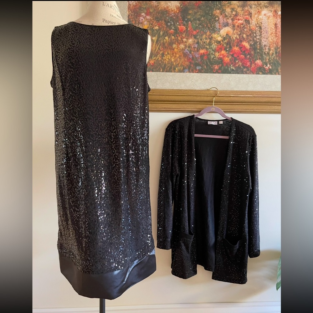 JOAN RIVERS 2-Piece Black Sequined Sweater (Sz L) & Dress Ensemble Dress Sz 16P